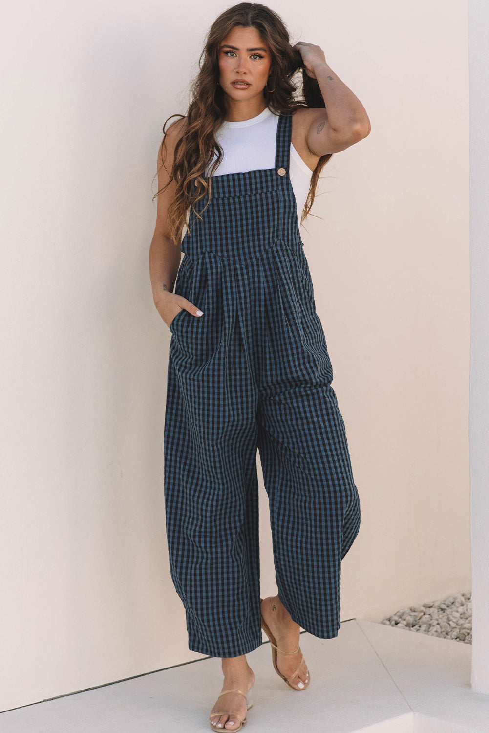 Blue Plaid Jumpsuit – Women's Pocketed Overalls Romper, Wide Leg Adjustable Summer Outfit