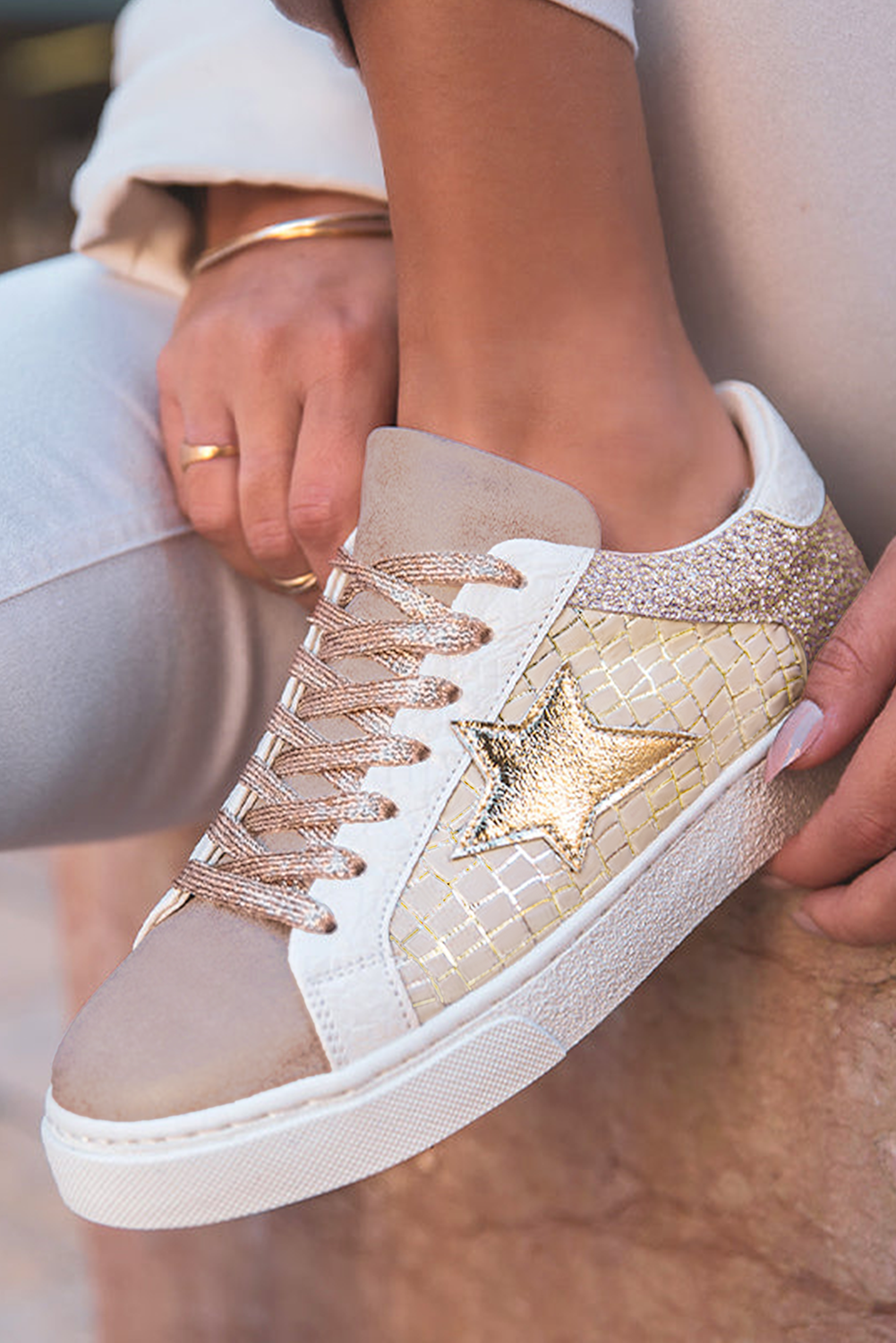 Gold Glitter Star Patchwork Sneakers, Lace-Up Shoes for a Sparkly Casual Look