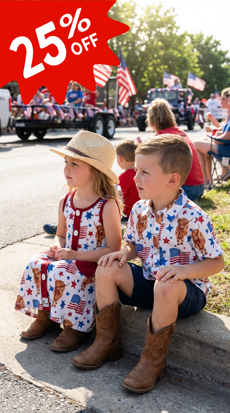 KIDS WATCHING PARADE IN THEIR MATCHING HIGHLAND COW AND BUTTON UP SHIRT WITH TEXT OVERLAY THAT SAYS 24% OFF