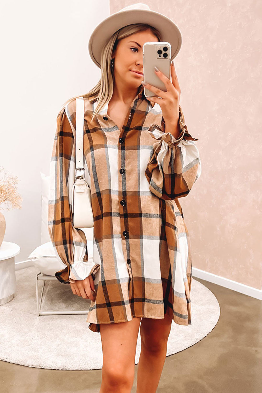 Khaki Plaid Shirt Dress – Ruffled Sleeve Button Up Women’s Fall Dress, Collared Plaid Mini Dress for Autumn Outfits