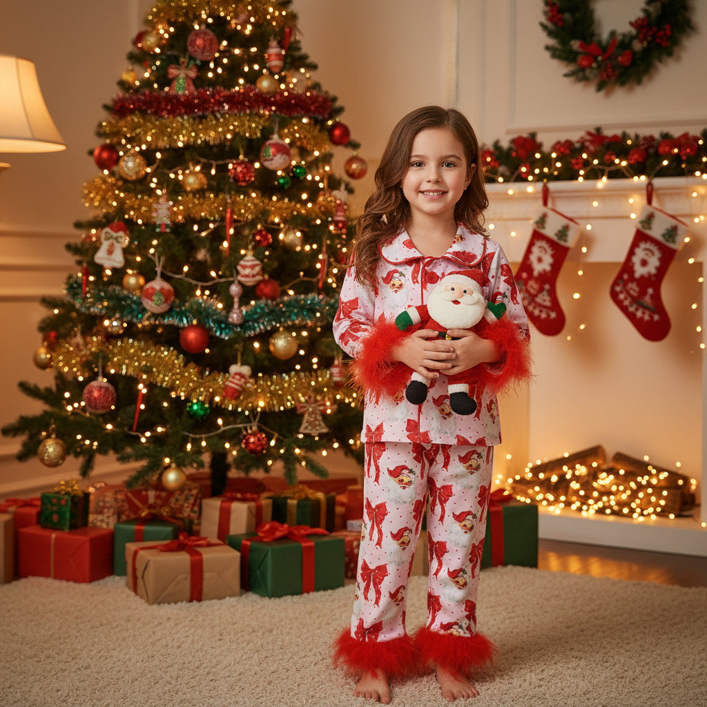 feather trim pajamas, christmas pjs