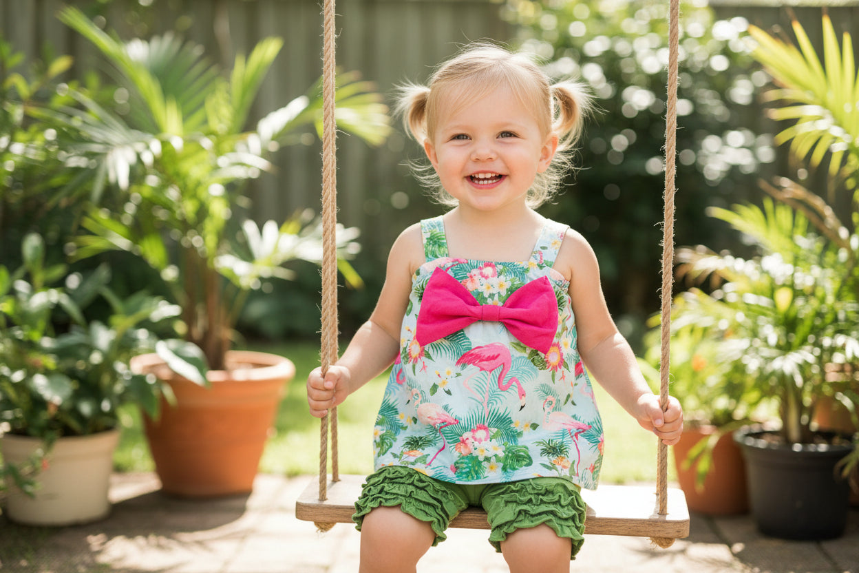 Toddler Flamingo Shirt & Ruffle Shorts Set | Girls’ Flamingo Boutique Outfit 🌸🦩
Bring on summer vibes with this adorable Flamingo Tank Top & Green Ruffle Shorts Set! Featuring a bright pink flamingo with a big bow and matching ruffled shorts, this set is perfect for your little fashionista.
✔ Fun & Stylish: The perfect toddler boutique outfit for summer adventures, vacations, or everyday cuteness!
✔ Soft & Stretchy:
✔ Limited Stock – Only $15!