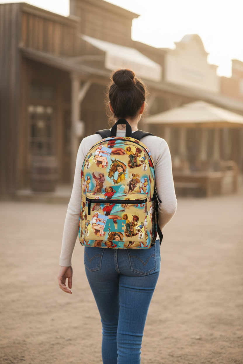 women wearing full size retro cowgirl backpack customized with name