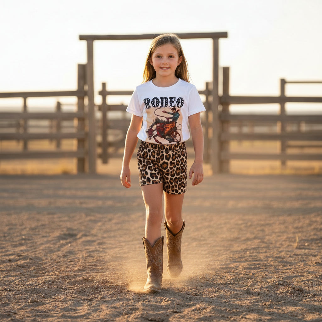 girl wearing girls 4t rodeo tshirt and short set in dusty arena
