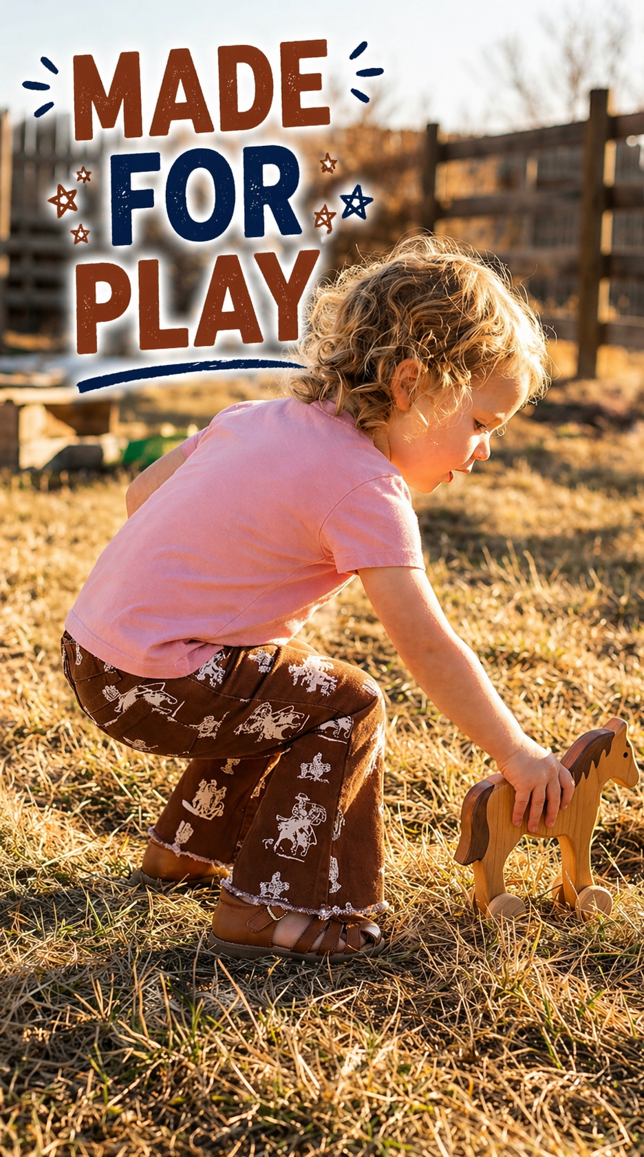Child playing with a toy horse in a field with 'Made for Play' text overlay wearing razels brown cowboy print flare jeans