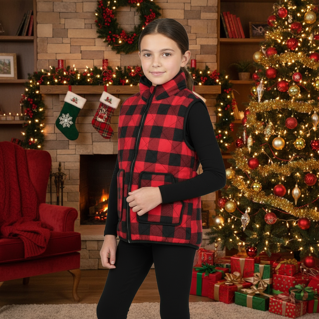 Girls Red & Black Buffalo Plaid Vest – Christmas Outfit Layer | Cozy Holiday Outerwear | Kids Western Boutique Style by Razels
