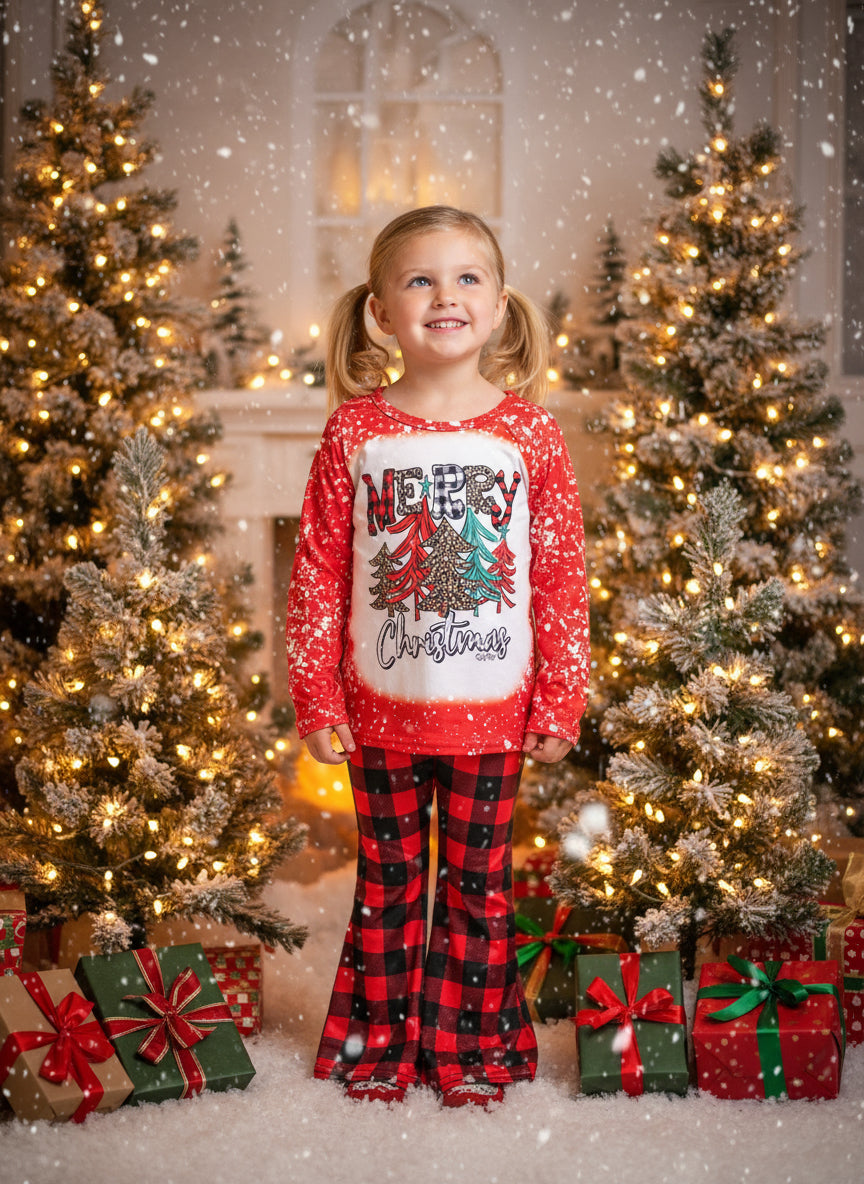 girls christmas outfits featuring red and black checkered buffalo plaid trouser pants and your choice of Merry Christmas or It's the Most Wonderful Time of the Year Long Sleeve Shirts