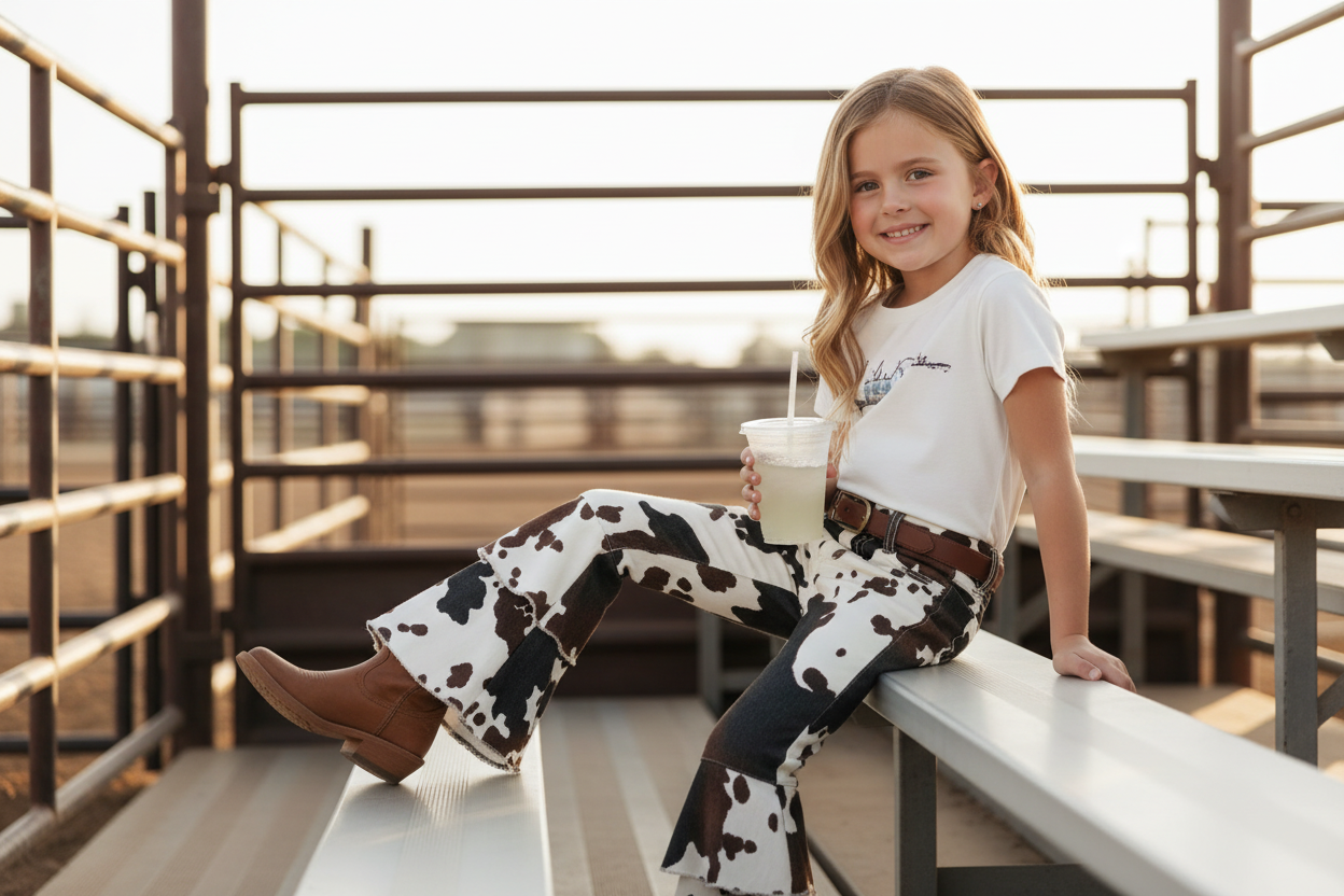 girl sitting in bleachers wearing Razels cow jeans and tshirt