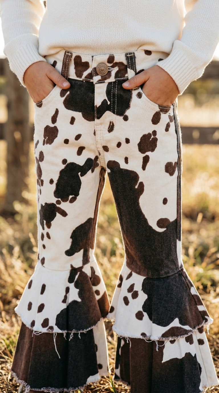 Cow print flare jeans with a cowhide pattern, featuring a frayed hem and ruffled bell-bottom hems, shown on a model outdoors.