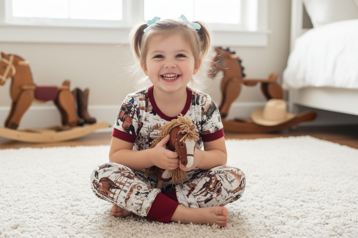 Child wearing pajamas with a cowboy theme, sitting on a carpeted floor holding a toy, in a room with wooden rocking horse and toys.