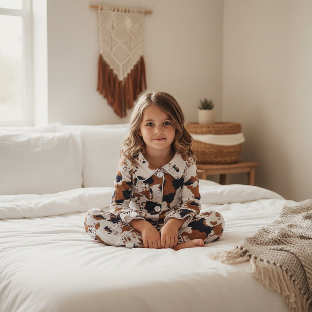 girl sitting on bed wearing girls cowprint pajamas