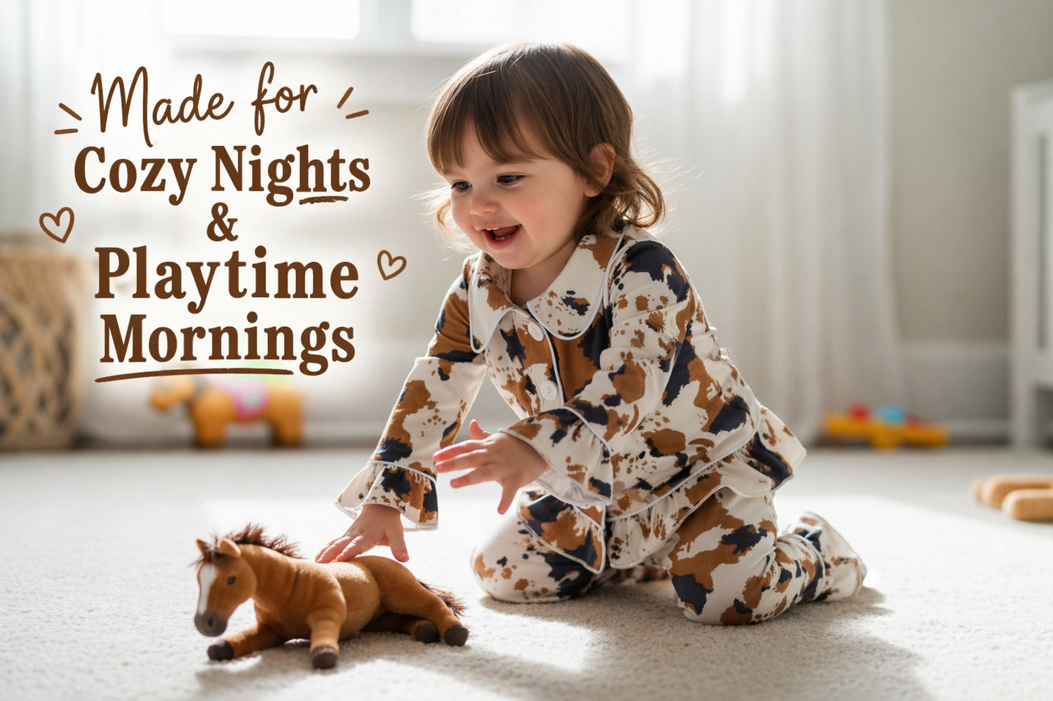 Child playing with a toy horse on a carpeted floor with text 'Made for Cozy Nights & Playtime Mornings'.