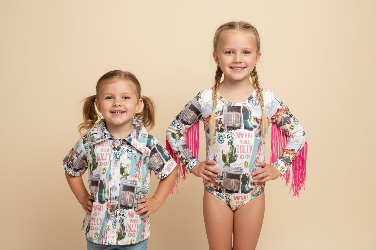 Get ready to dazzle with our adorable What Would Dolly Do? Cowgirl Shirt & Fringe Bodysuit.
The button-up shirt features a bold Western-inspired design, while the fringe bodysuit adds flair in vibrant pink. Shop Razels for Girls Western Wear