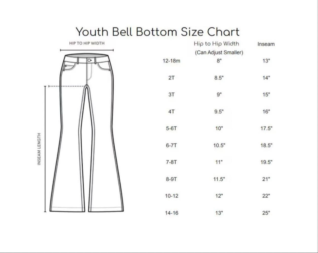 Youth bell bottom size chart with measurements