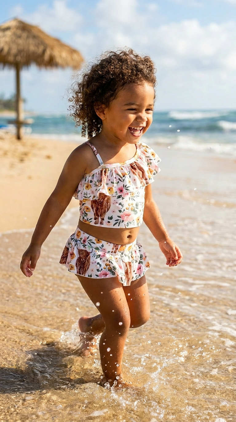 Child in a flora highland cow tankini swimsuit playing in the ocean with a beach umbrella and waves in the background.
