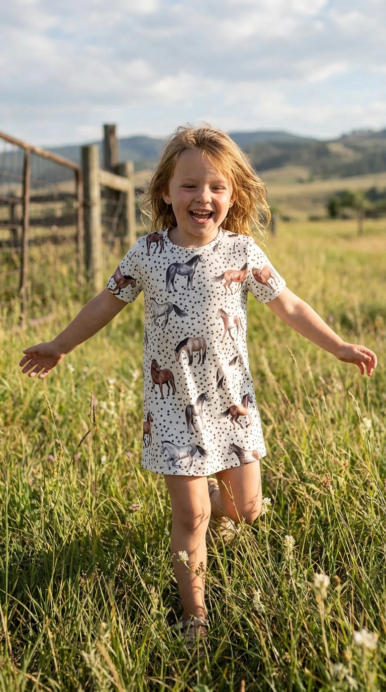 Child in a horse and polka dot tshirt dress running through a grassy field