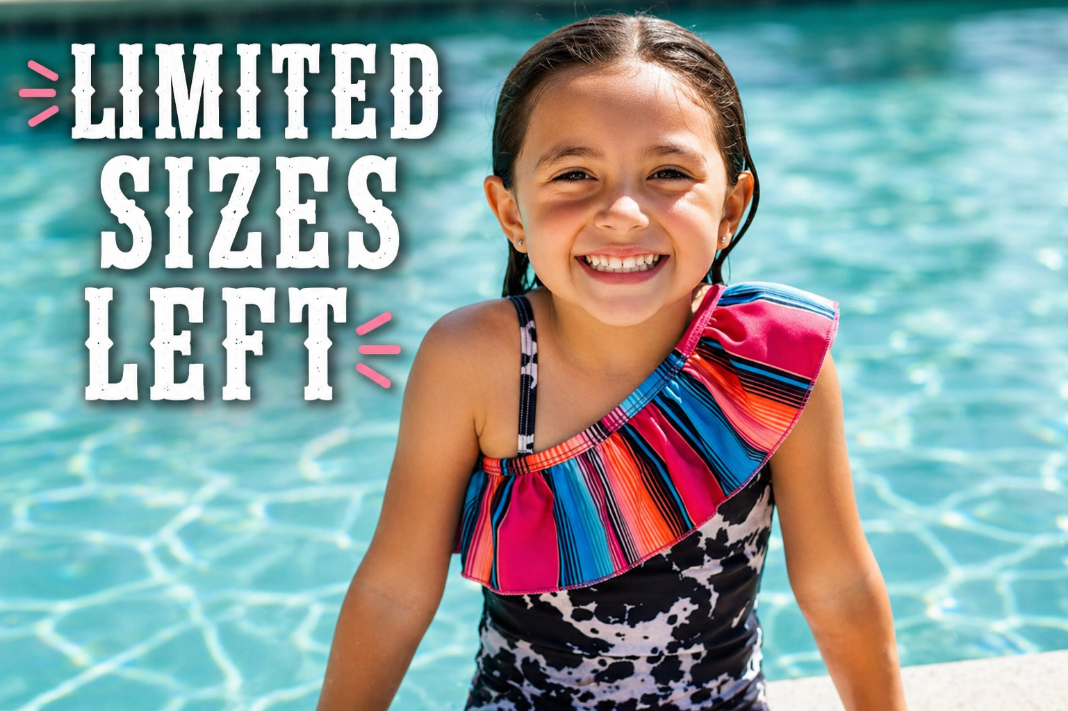 Child in a colorful swimsuit, closeupe view of ruffle serape necklin, with pool water in the background and text 'LIMITED SIZES LEFT'.