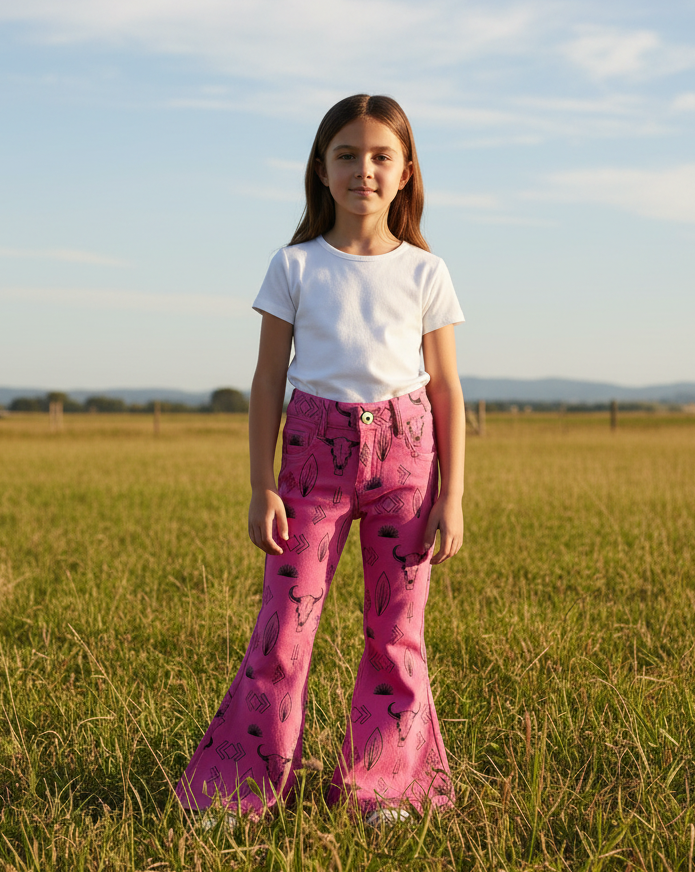 Young girl in pink flared pants and white shirt standing in a field with a blue sky.