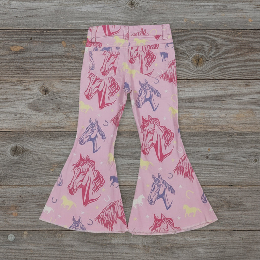 Girls Pink Horse Print Bell Bottom Jeans – Western Cowgirl Jeans for Kids – Stretchy Boutique Denim – Toddler & Youth Sizes – Razels