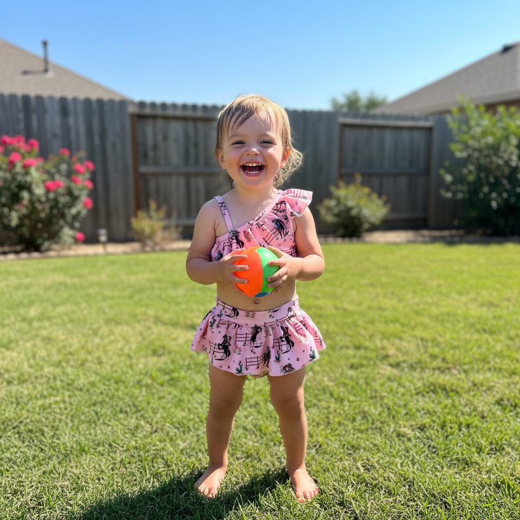 Saddle up for summer with this Pink Cowgirl Swimsuit! This Western Ruffled Swimsuit features vintage cowgirls, adorable ruffles, and a bold Wild West vibe, perfect for little adventurers. Designed for comfort and durability, it includes adjustable straps, a fully lined front, and high-quality swimsuit material. Available in sizes 0-3 months to 6/7, this Cowgirl Bathing Suit is ideal for babies and toddlers. FREE U.S. shipping on $35+ orders. Shop Razels for the best Western Bikini today!