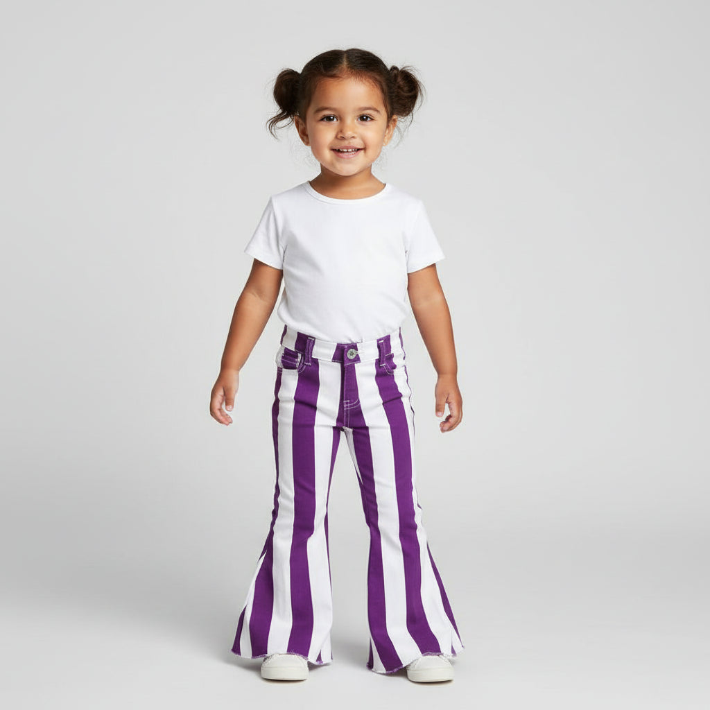 girls purple and white striped jeans, bell bottom jeans