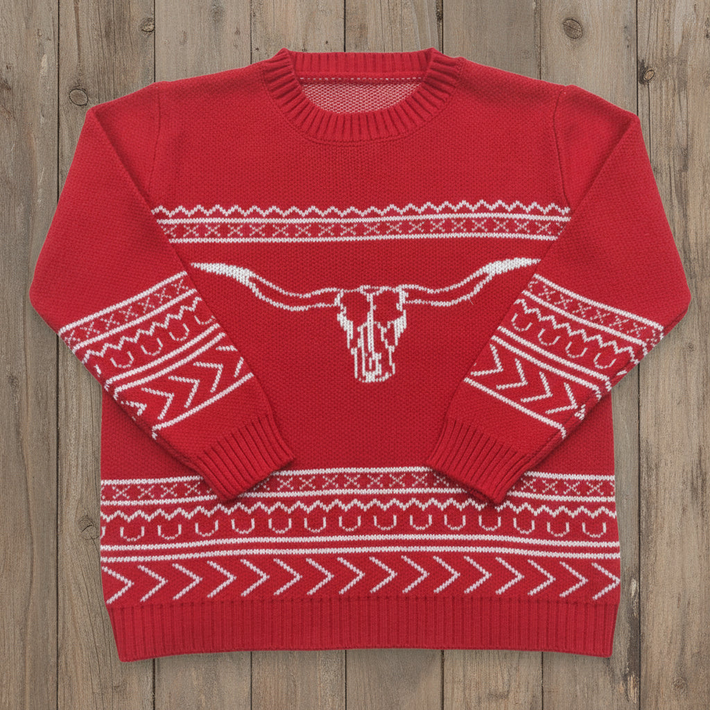Red sweater with white pattern on a textured white background