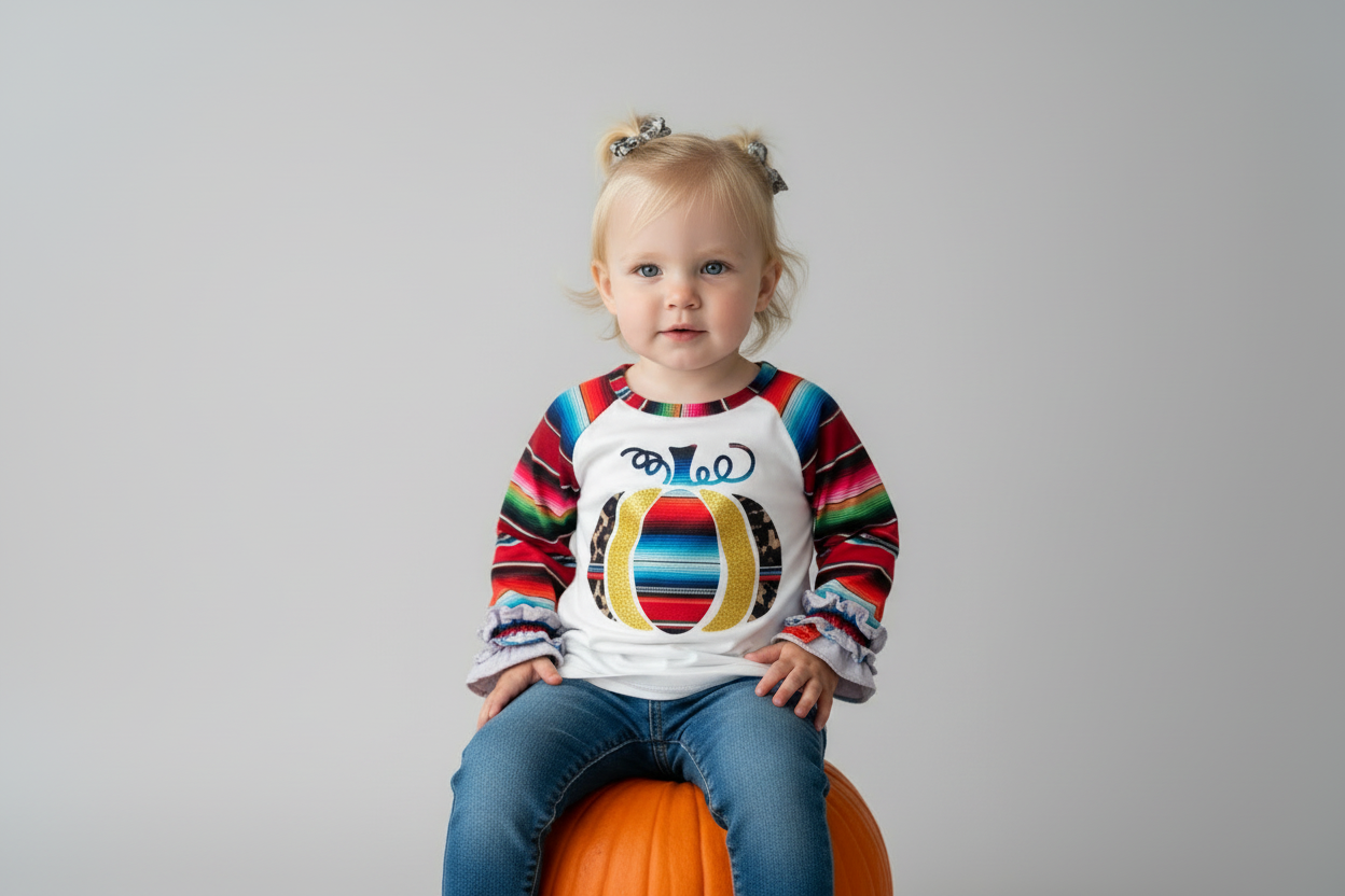 Child wearing a colorful serape western pumpkin sitting on a pumpkin against a plain background