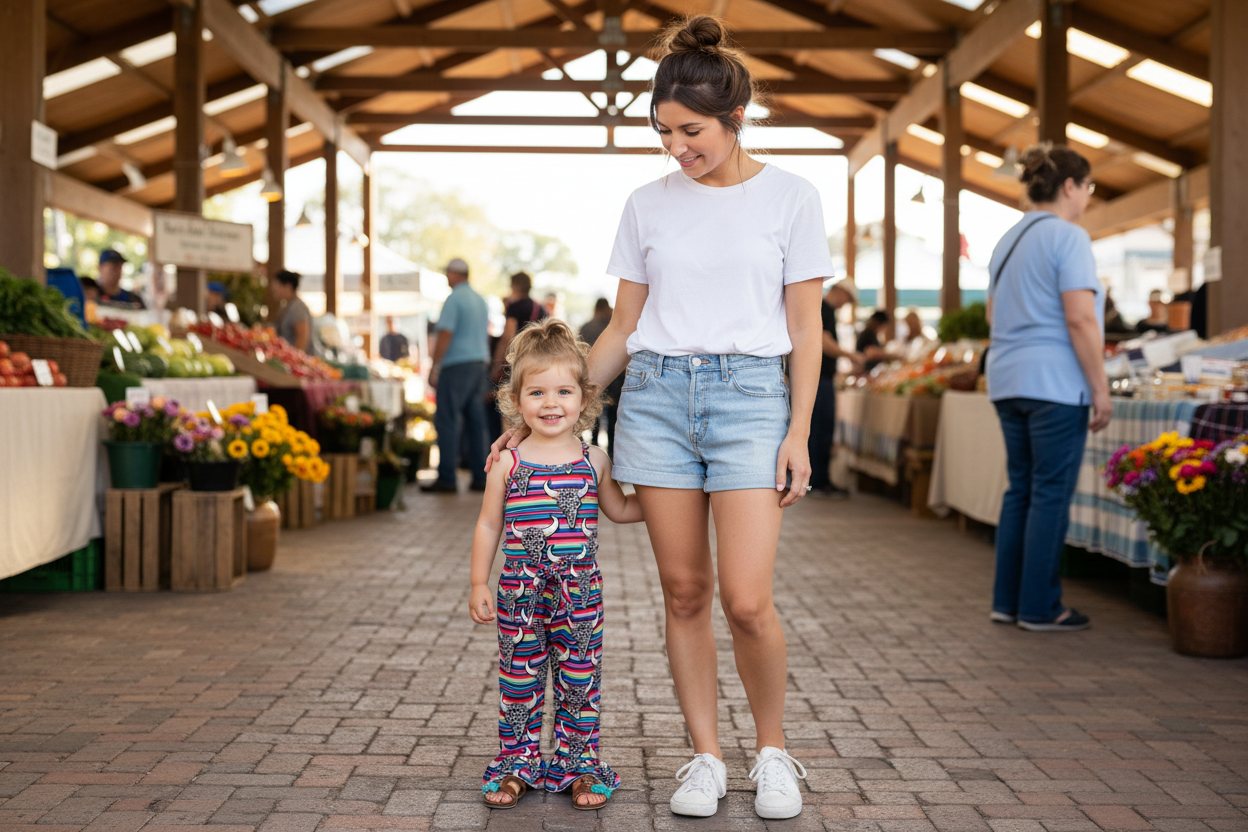 Woman and child at an outdoor farmers market Girls is wearing razels western serape and cowskull jumpsuit romper