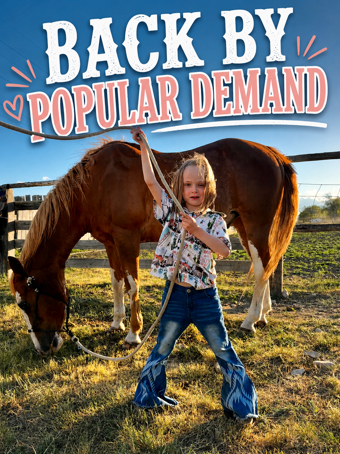 These girls western bell bottom jeans are a customer-favorite cowgirl flare style with adjustable waist comfort for everyday wear. — from rodeo days to picture days! Dress them up or keep them casual, they’ll be your little’s go-to pair in no time 💓
Our most-loved Girls Western Bell Bottom Jeans are BACK and as fabulous as ever 😍 These beauties have been a total favorite — Jernie wears hers nonstop, and now your little cowgirl can too!
⭐ Trusted by 12,500+ customers with 1,800+ five-star reviews
⚡ Matc