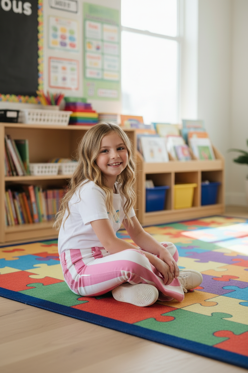 Person wearing pink and white striped pants sitting in a classroom