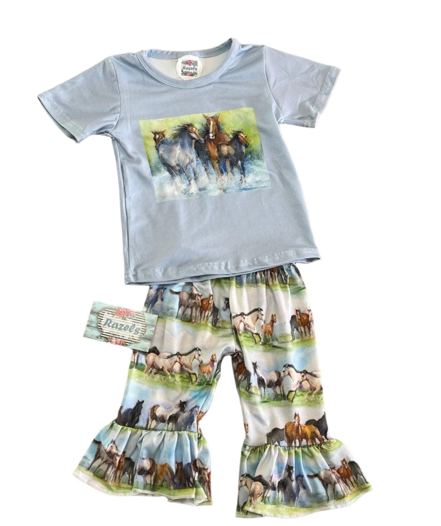 Horse Outfit, BABY Girls Bell Bottom Vintage Horse Pants & Retro Horse Shirt for 3-6 months, 6-12 months, 12-18 months -Razels