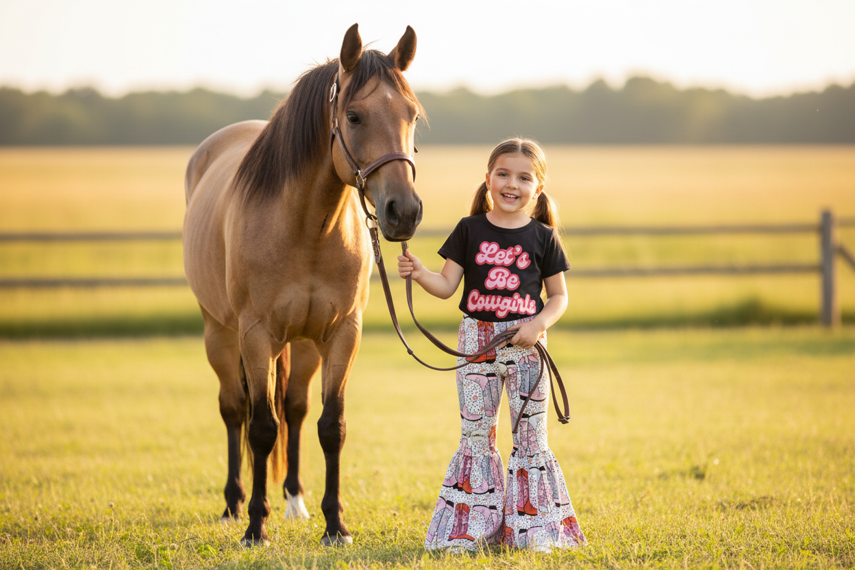 girl leading horse wearing Let's be Cowgirls Tee and Cowgirl Boot Bell Bottoms outfit