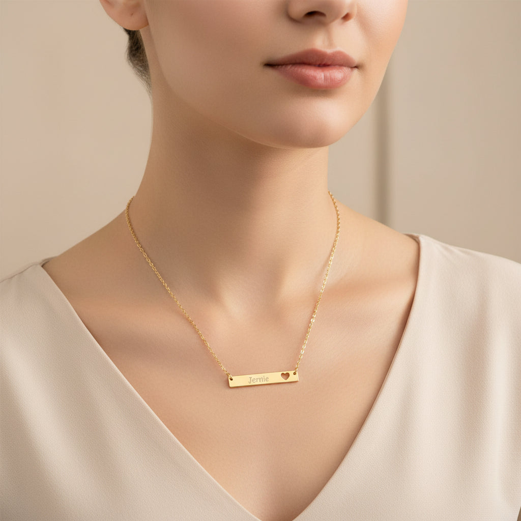 gold necklace, bar pendant engraved personalization