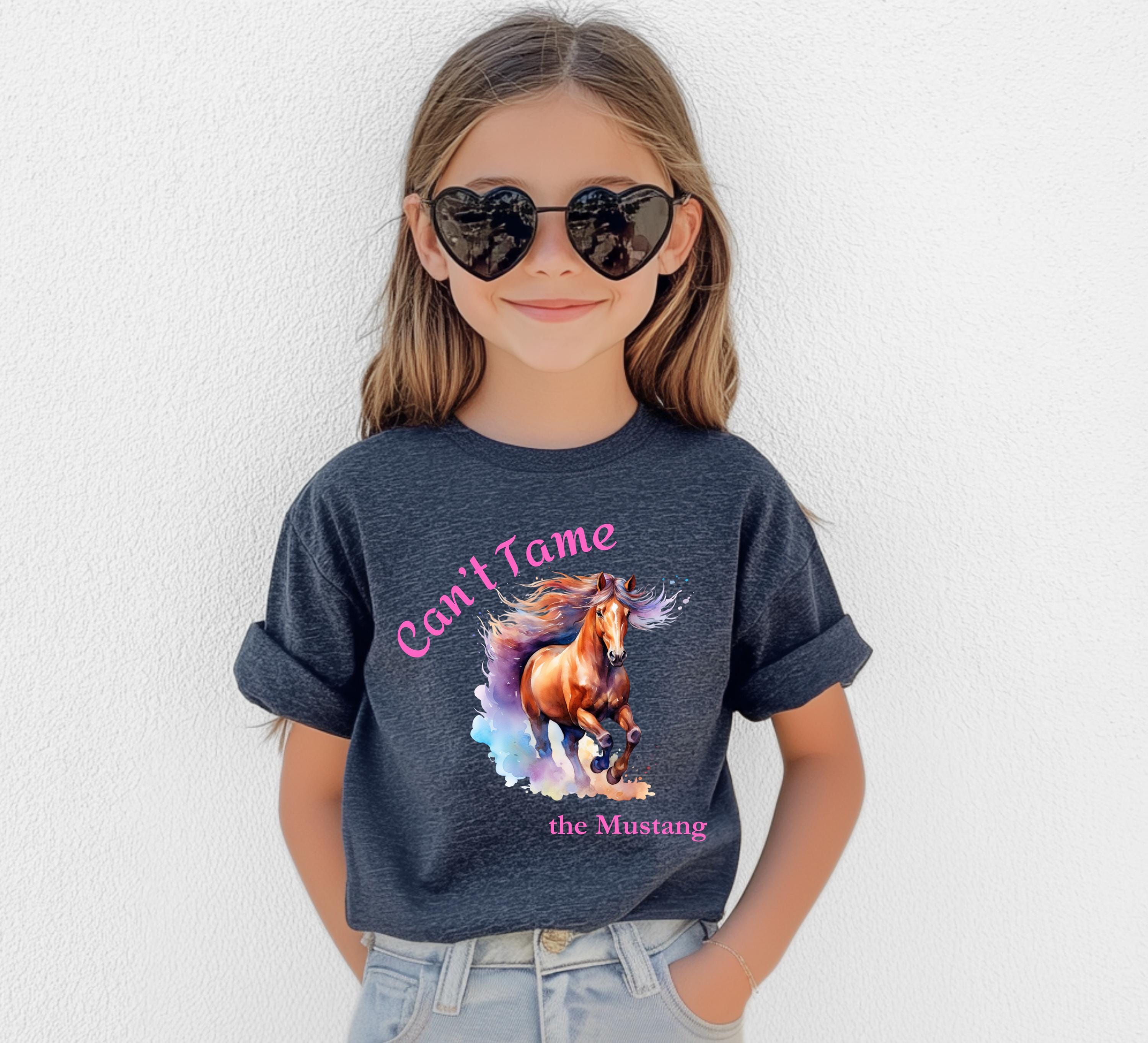 Girls Horse Tee Watercolor Mustang Shirt, Youth Wild Horse T-Shirt -Razels