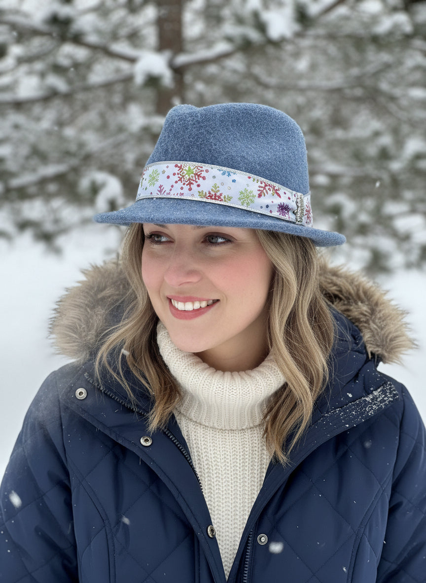 handmade blue fediora hat with glittery snowflake band