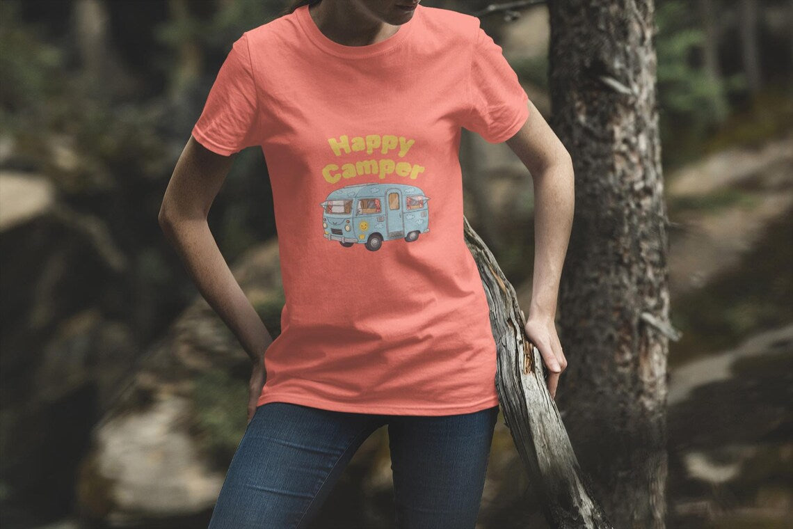 Personalized Happy Camper T-Shirt, Custom Name Camping Shirt, RV Vacation Tee, Road Trip Shirt, Matching Family Reunion Shirt, Glamping