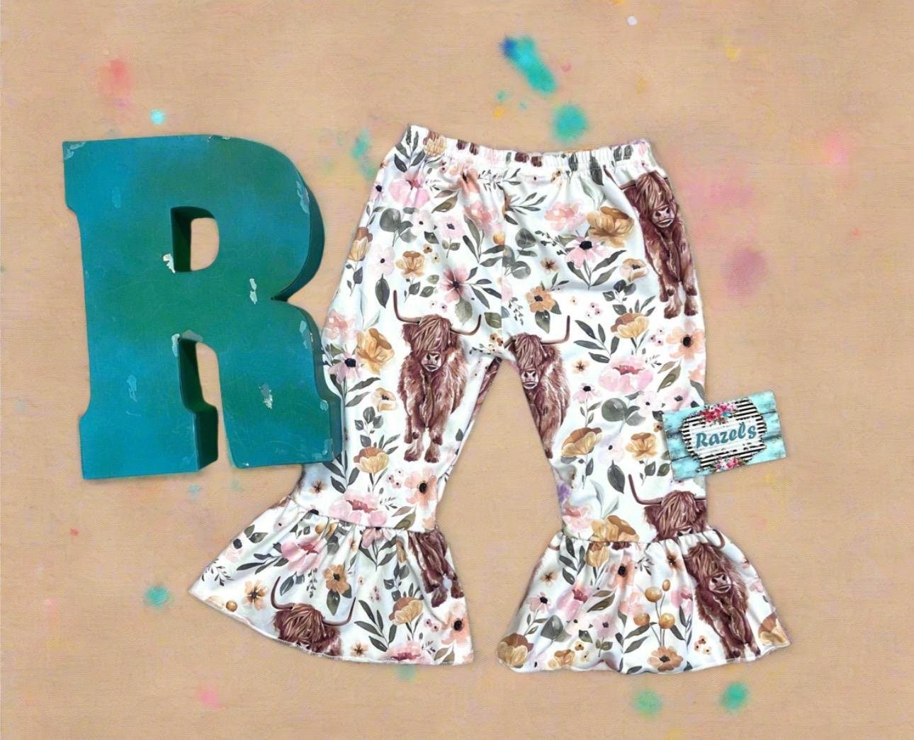 Highland Cow Floral Bell Bottoms, COW PANTS - Razels