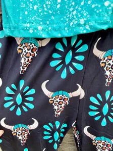 Girls Highland Cow Bell Bottom Outfit, Turquoise Western Cowgirl Clothing Set
