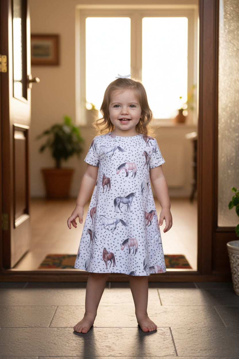 girl wearing horse tshirt dress standing in door way