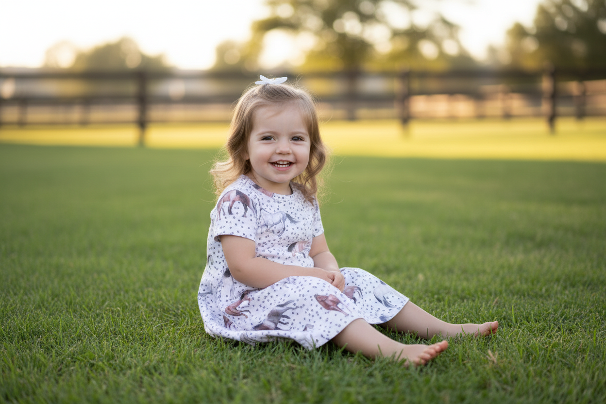 Young girl sitting on grass wearing a horse polka dot dress with a blurred background