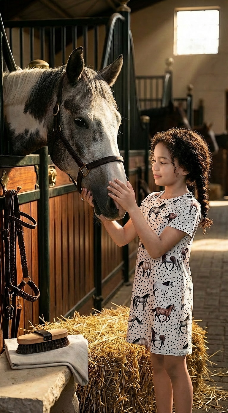 Young girl in a horse-themed dress petting a horse in a stable.