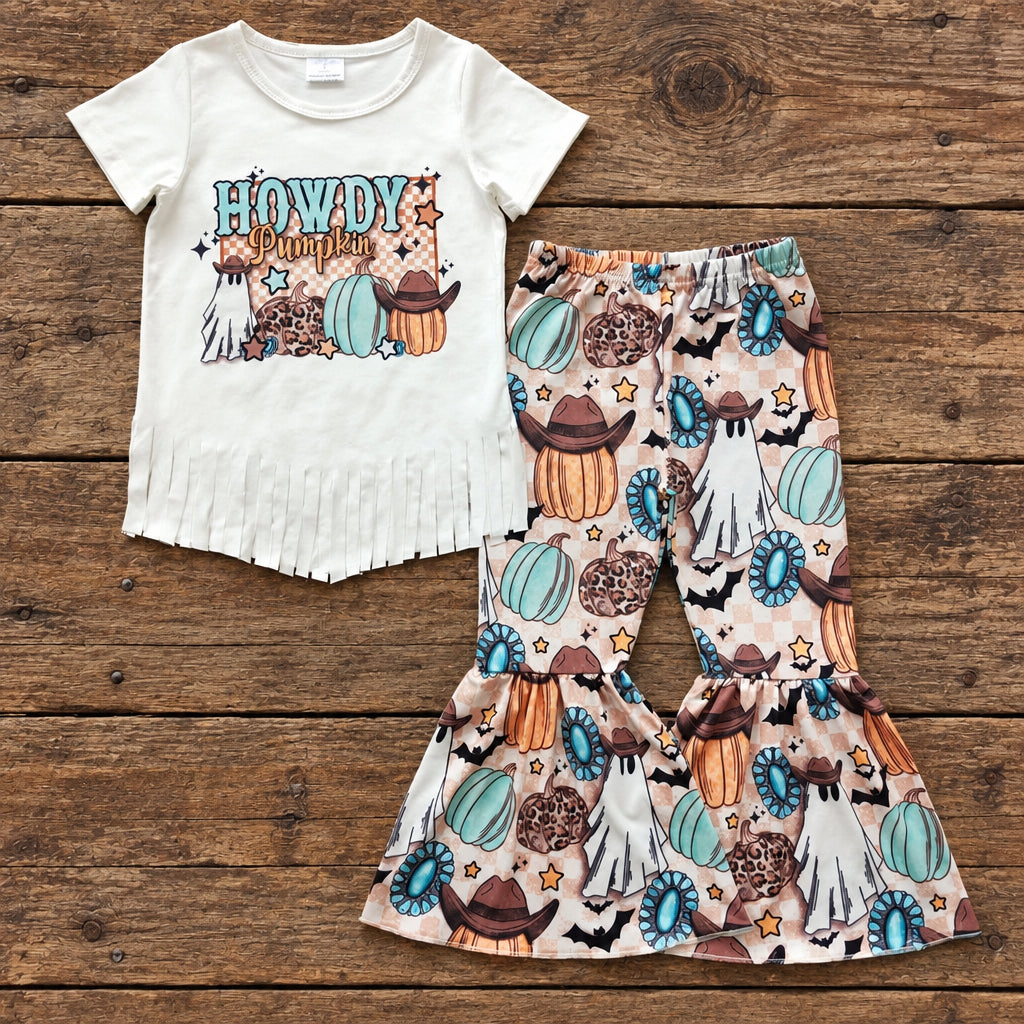 howdy pumpkin girls bell bottom outfit on barnwood