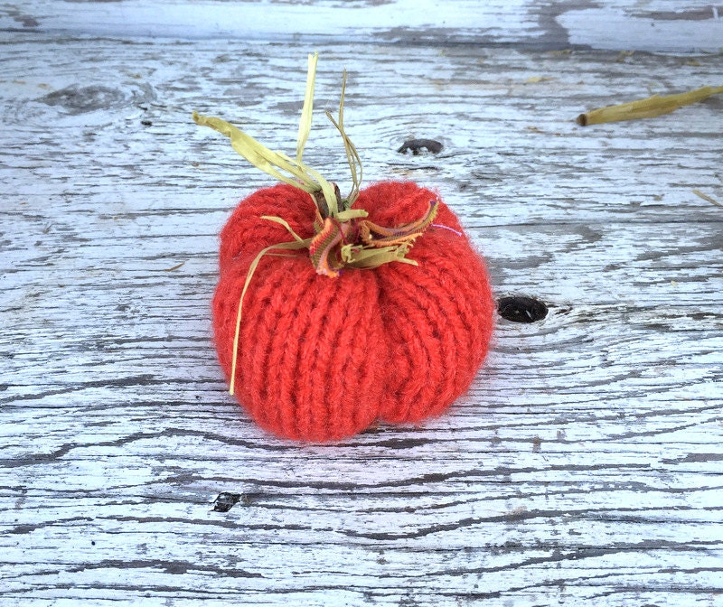 picture of knit pumpkins varying in size from small to large. Pumpkins are hand-knit with a ribbed appearance. The larger pumpkins have knit vines and leaves, while the smaller feature sticks with correlating fabric leaves.