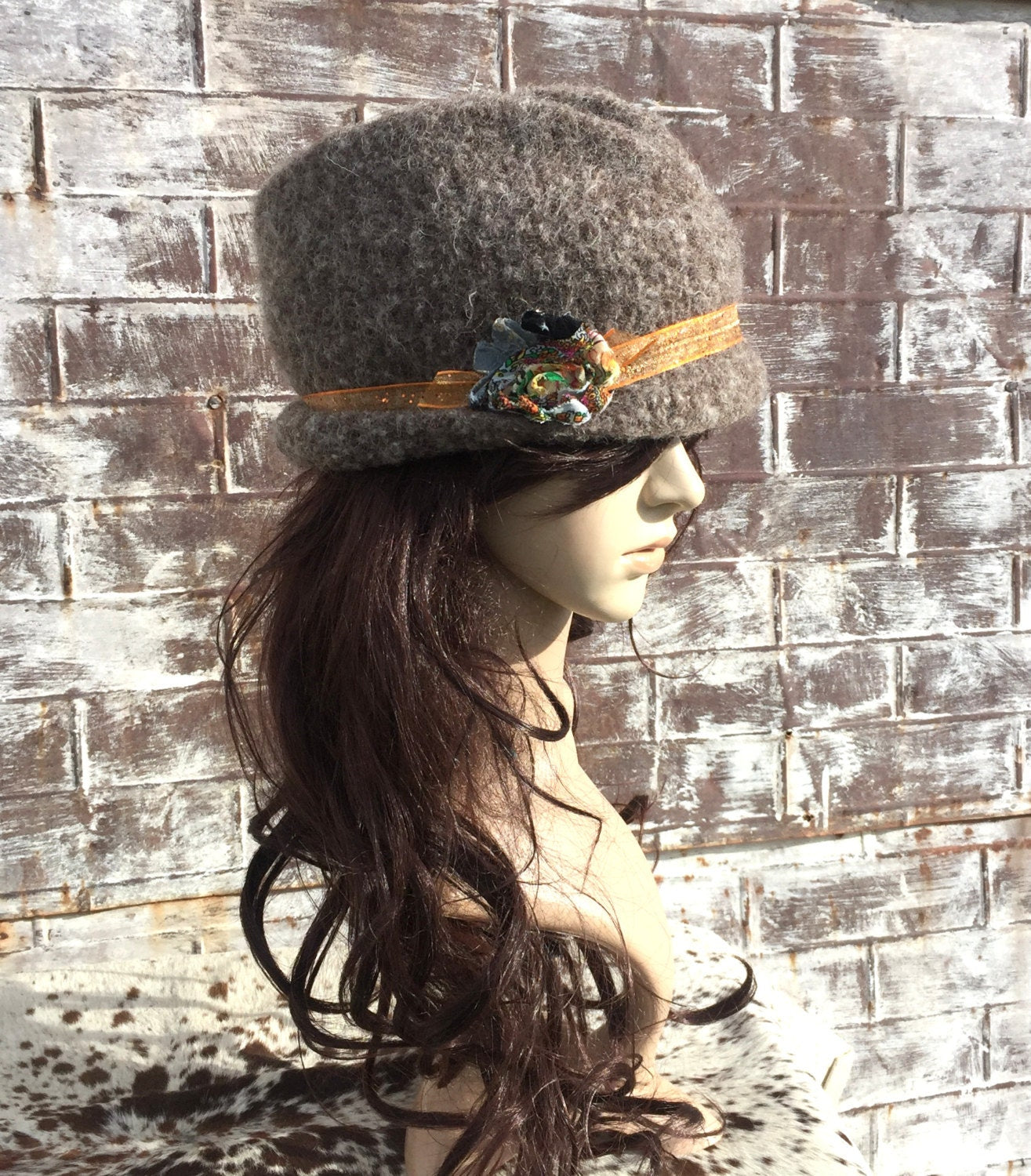 Brown Wool Trilby Hat with Sparkly Orange Band & Multicolor Flower, WOOL FEDORA, WOMENS Handmade Hat