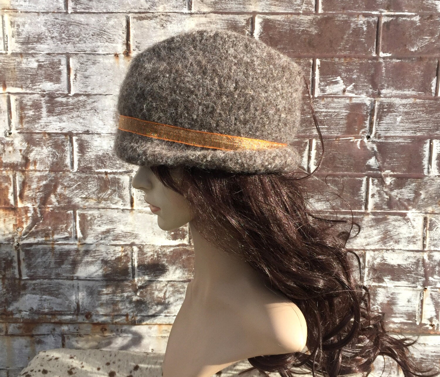 Brown Wool Trilby Hat with Sparkly Orange Band & Multicolor Flower, WOOL FEDORA, WOMENS Handmade Hat