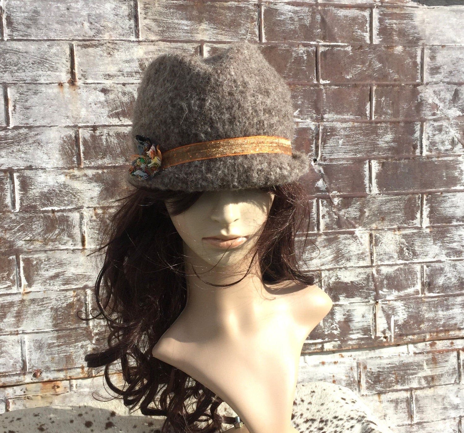 Brown Wool Trilby Hat with Sparkly Orange Band & Multicolor Flower, WOOL FEDORA, WOMENS Handmade Hat