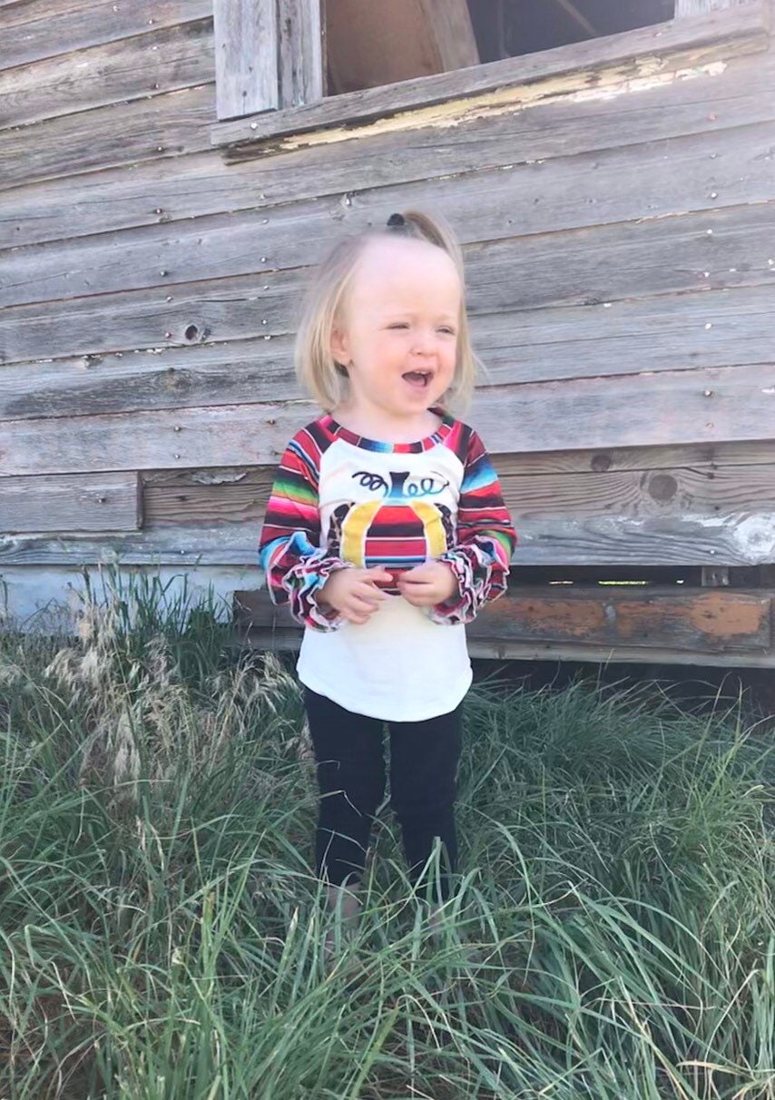 Fall Stripes Pumpkin Ruffle Sleeve Shirt. This Fall Shirt features a pumpkin with Fall serape stripes, cheetah print and glitter gold. The neckline and sleeves are festive serape stripes with wrist ruffles. So cute!