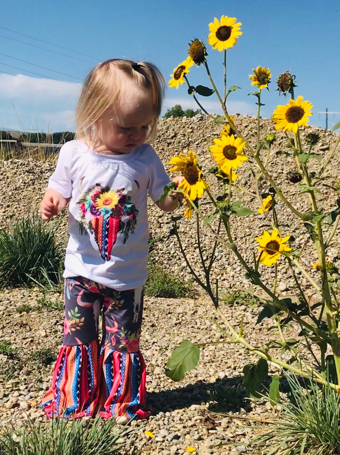 Girls' Cowgirl Bell Bottom Outfit: Steer Skull Sunflower Shirt -Razels