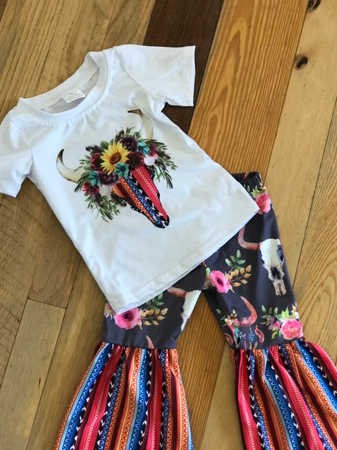 Girls' Cowgirl Bell Bottom Outfit: Steer Skull Sunflower Shirt -Razels