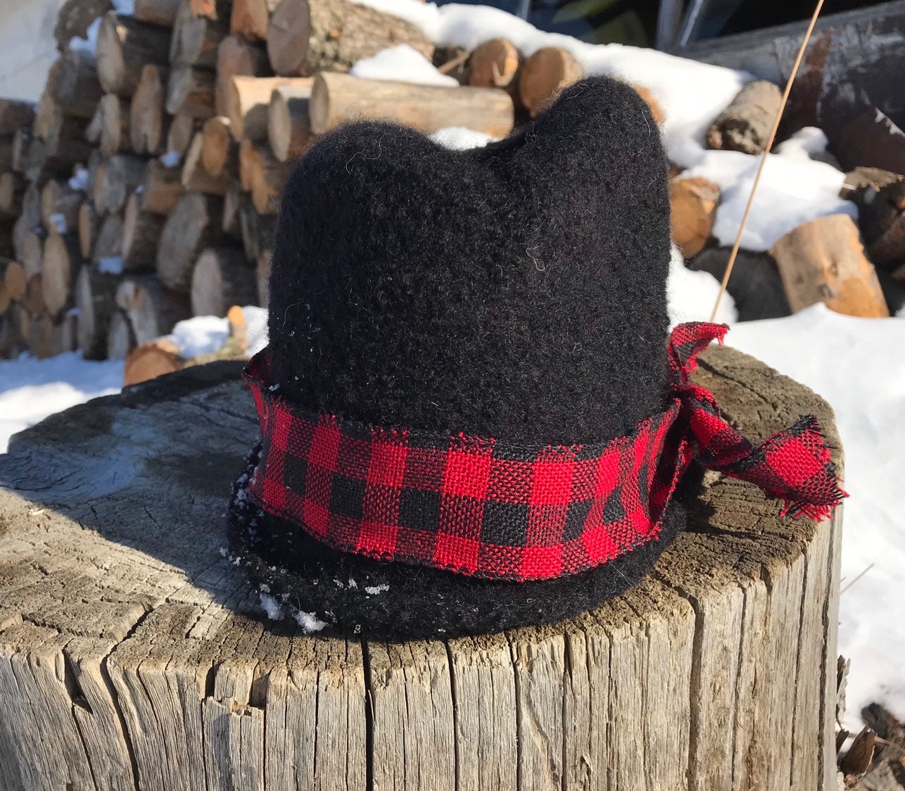 Black Felted Fedora with Buffalo Plaid Hatband, VINTAGE STYLE CLOCHE Hat